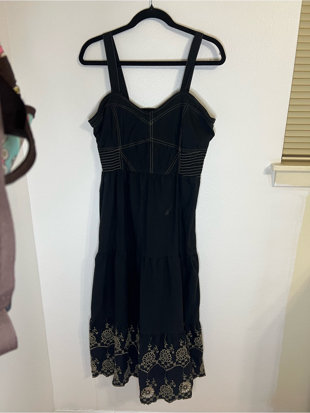 Black Embroidered Midi Dress with Contrast Stitching